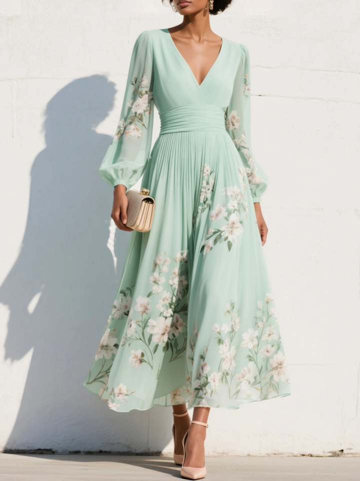 Elegantes Blumen Midi-Kleid Odelia für Damen mit V-Ausschnitt, figurschmeichelnd & festlich.