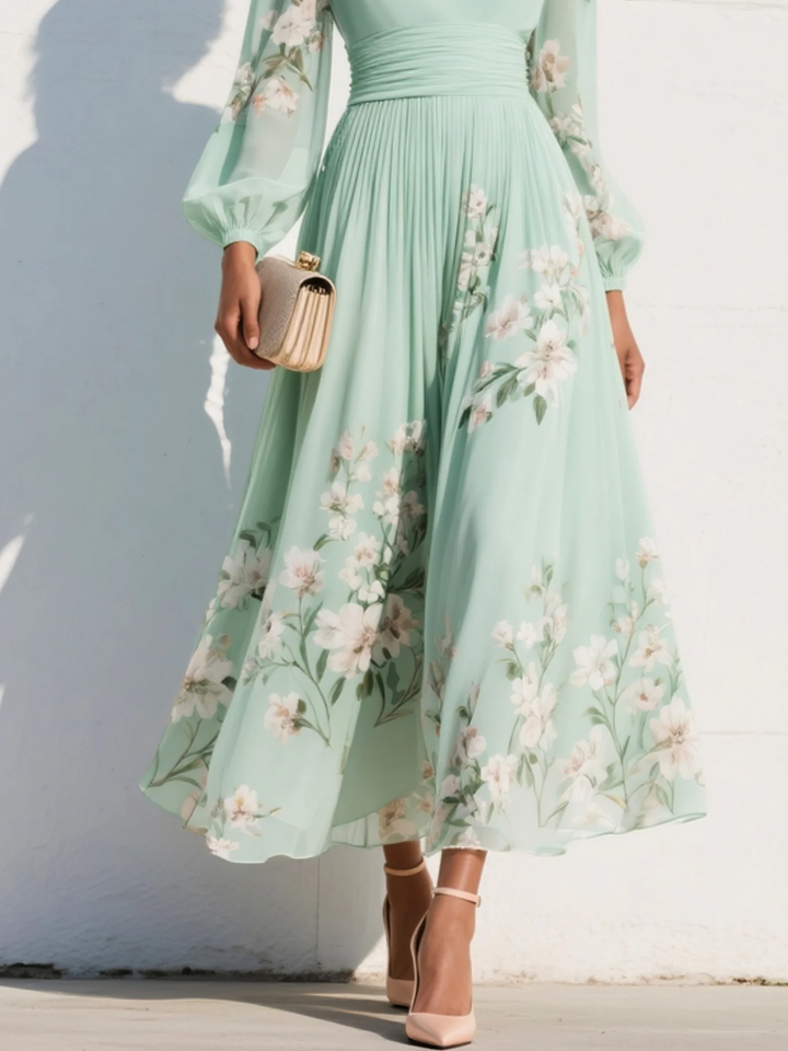 Eleganter Damen Blumen Midi-Kleid Odelia für besondere Anlässe, festlich, figurschmeichelnd & mit V-Ausschnitt.