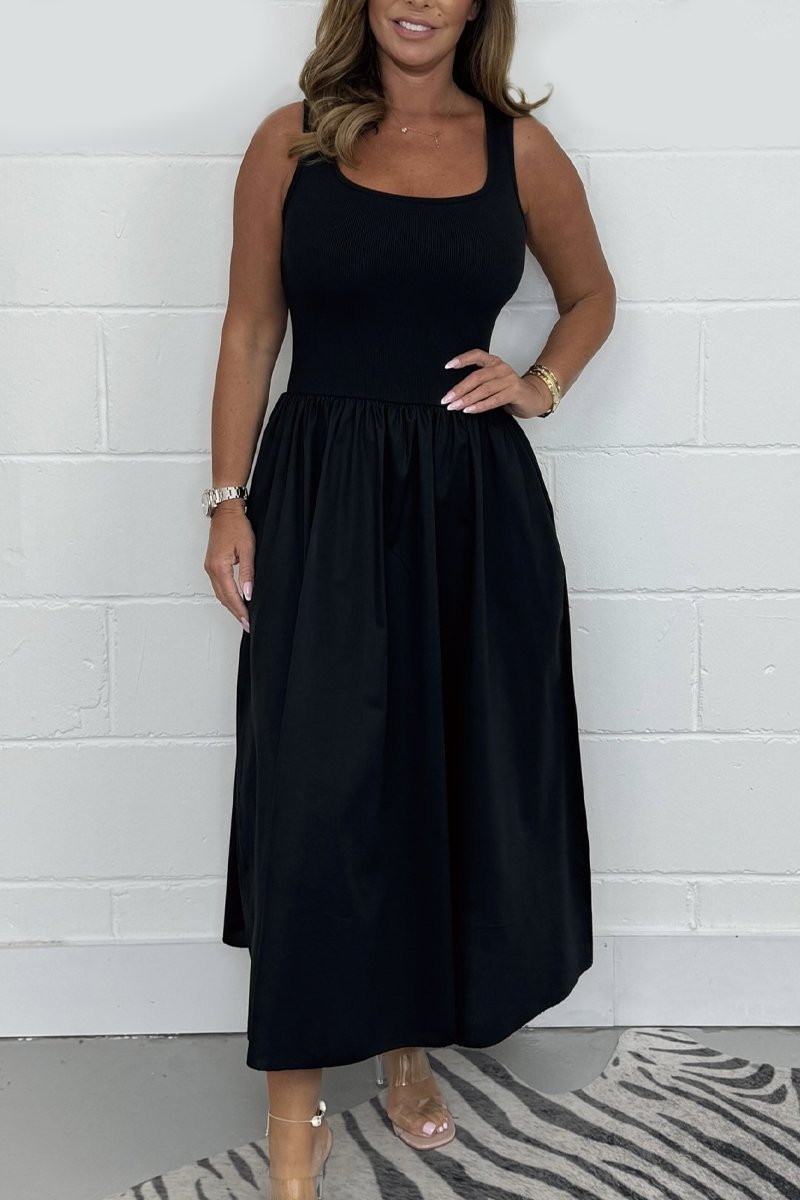 Elegantes Damen A-Linien-Kleid in Schwarz mit quadratischem Ausschnitt, ärmellos. Ideal für Sommer & Freizeit.