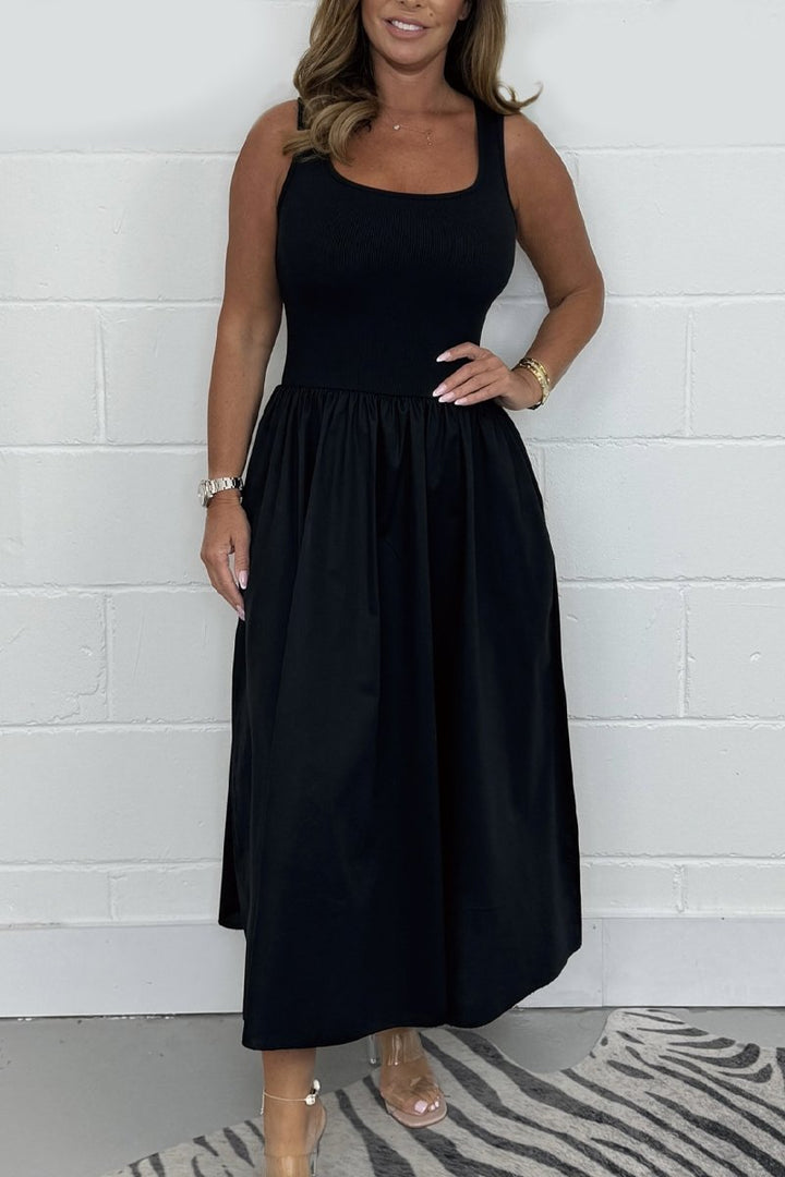 Elegantes Damen A-Linien-Kleid in Schwarz mit quadratischem Ausschnitt, ärmellos. Ideal für Sommer & Freizeit.