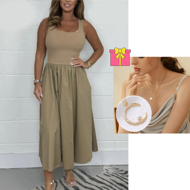 Dunkelblaues Sommer-Freizeitkleid für Damen: A-Linie, ärmellos, stilvoller quadratischer Ausschnitt.