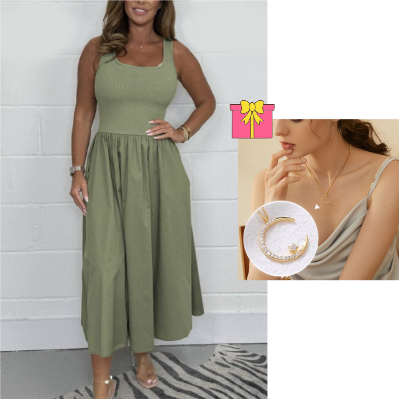 Khaki Damenkleid, A-Linie, ärmellos. Quadratischer Ausschnitt. Zeitlos, komfortabel und stilvoll.