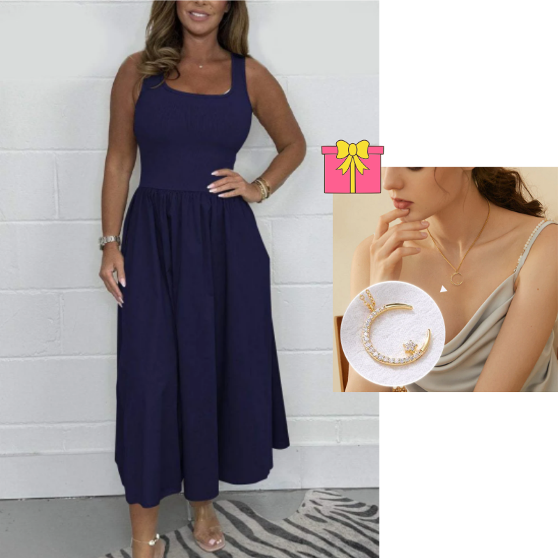 Grünes elegantes A-Linien-Kleid für Damen. Ärmellos mit quadratischem Ausschnitt. Ideal für den Sommer.
