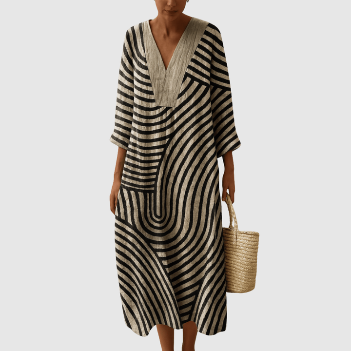 Elegantes Damen A-Linien Kleid mit V-Ausschnitt und Dreiviertelärmeln, vielseitig für Büro und Freizeit.