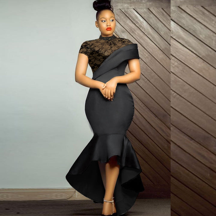 Elegantes Damen Abendkleid aus Spitze mit asymmetrischem Saum, perfekt für Gala & besondere Anlässe.