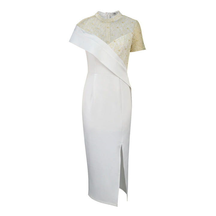 Festliches Damen Maxikleid mit Spitze und asymmetrischem Saum. Ideal für Hochzeit & Abendmode.