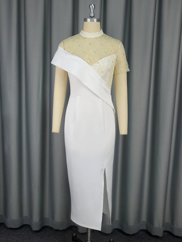 Modernes Damen Gala-Kleid mit aufwendiger Spitze & einzigartigem asymmetrischem Schnitt.