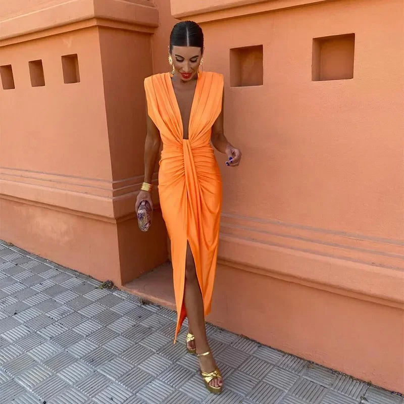 Maxikleid Damen für besondere Anlässe: Figurbetontes Partykleid mit tiefem V-Ausschnitt & tailliertem Schnitt.