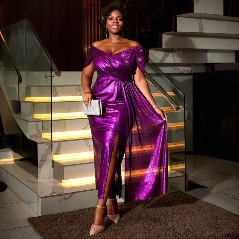 Elegantes Damen-Abendkleid mit schimmerndem Wickel-Design und glitzernden Pailletten, ideal für festliche Anlässe.
