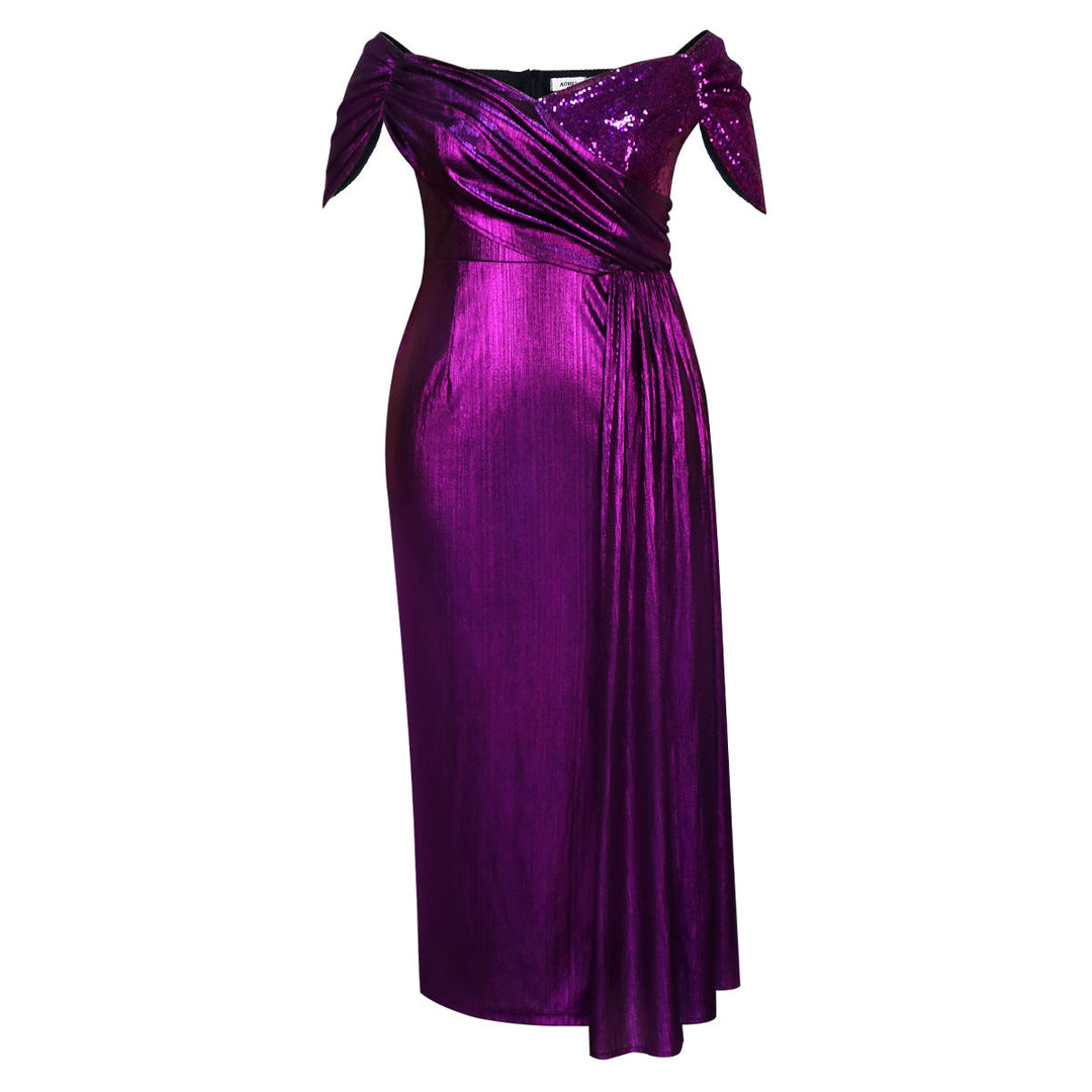 Modisches Damen-Cocktailkleid mit schimmernden Pailletten und elegantem Wickel-Design, langes Festkleid.