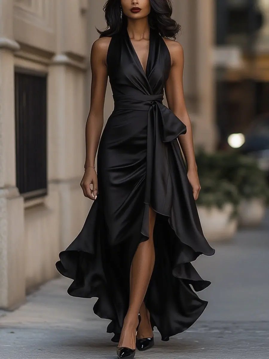 Nahaufnahme des Oberteils: Halterneck & Wickeldetail am stilvollen, ärmellosen Damen Abendkleid mit festlichem Look.
