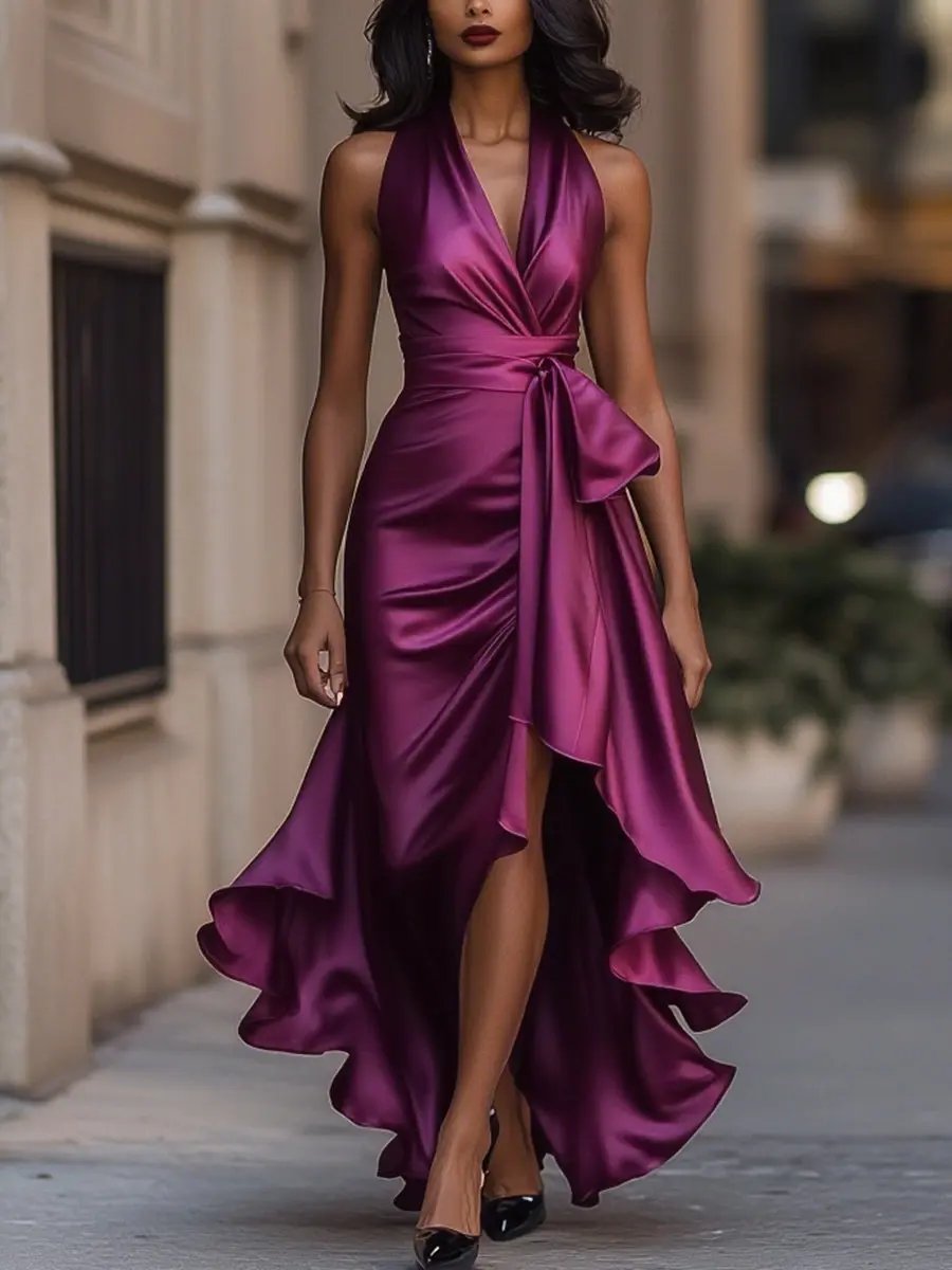 Nahaufnahme des Saums: Eleganter High-Low Saum am glamourösen Abendkleid. Detail des festlichen Wickelkleides.