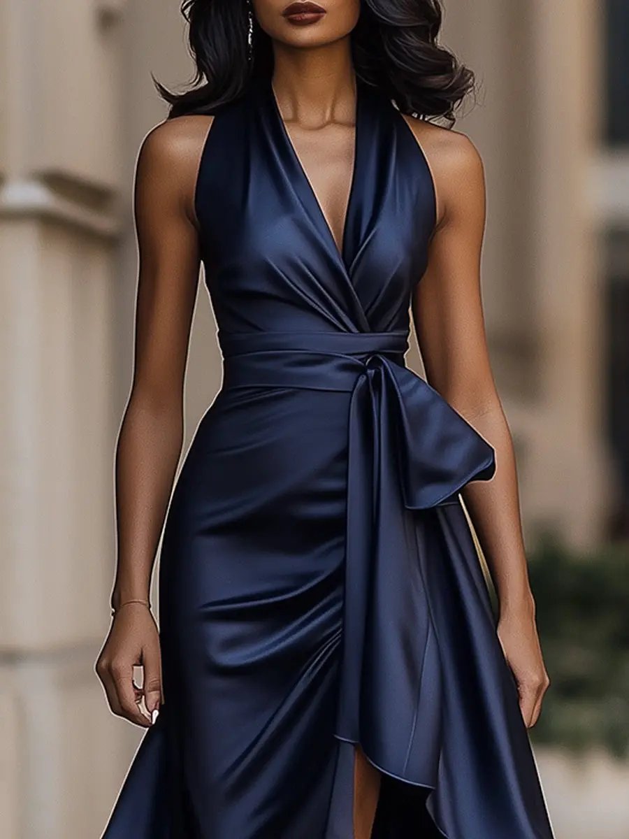 Stilvolles ärmelloses Damen Partykleid, vorne kurz, hinten lang. Halterneck & Wickeldetail. Ideal für Hochzeiten.