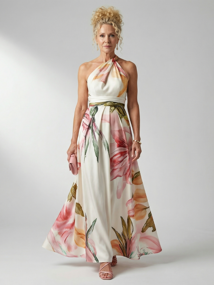Elegantes Damen Amiel Blumen Maxikleid für den Sommer, mit fließendem Stoff in Weiß, Lila und Rosa.