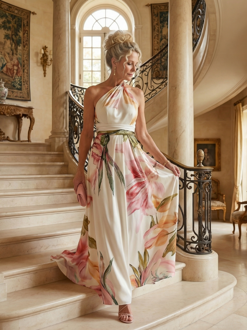 Damen Blumen Maxikleid Amiel, elegant und luftig, getragen im Freien, perfekt als Sommer- und Urlaubskleid.