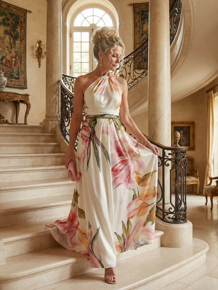Damen Blumen Maxikleid Amiel, elegant und luftig, getragen im Freien, perfekt als Sommer- und Urlaubskleid.