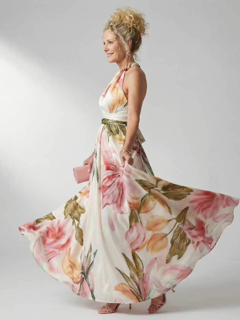 Neckholder Blumen Maxikleid für Damen, ärmellos, in Weiß mit lila und rosa Blütenmuster; ideal für den Sommer.