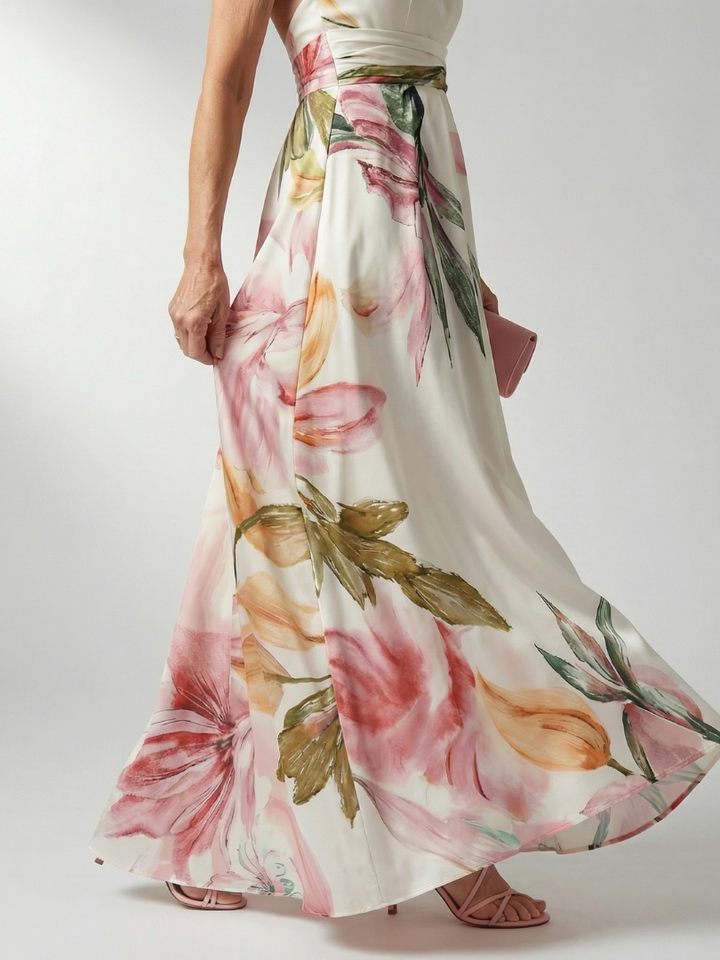 Luftiges Sommer Maxikleid Amiel für Damen, fließend und elegant, perfekt für Freizeit und Urlaub. Weiß-lila-rosa.