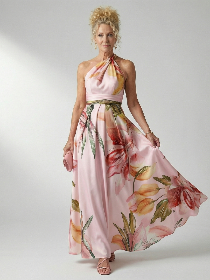 Weißes Amiel Maxikleid mit auffälligem lila und rosa Blumenmuster, ärmellos und elegant. Ideal als Sommerkleid.