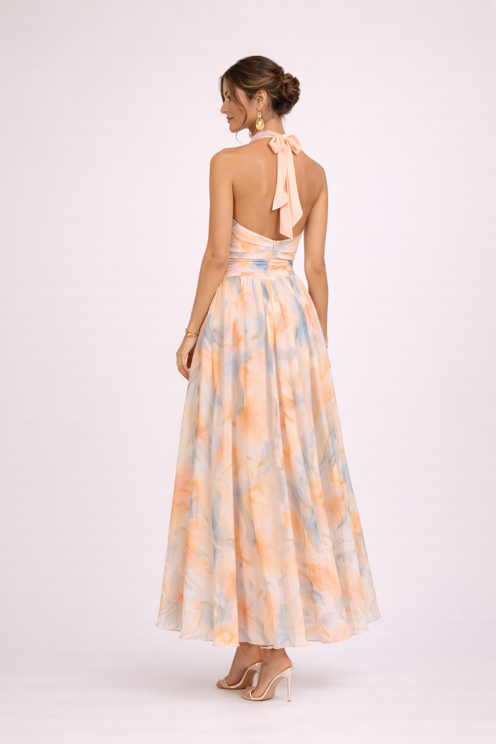 Fließendes Sommer-Halterkleid für Damen, mit Aquarell-Druck und elegantem Midikleid-Schnitt; perfekt für Urlaub & Freizeit.