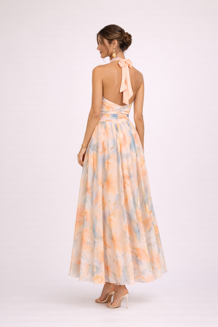 Fließendes Sommer-Halterkleid für Damen, mit Aquarell-Druck und elegantem Midikleid-Schnitt; perfekt für Urlaub & Freizeit.