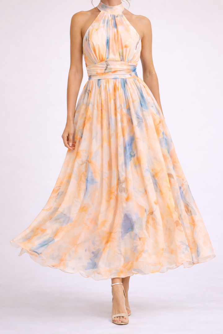Schickes Damen Midikleid als Halterkleid im Aquarell-Design, elegant fließend, ideal als sommerliches Freizeitkleid.