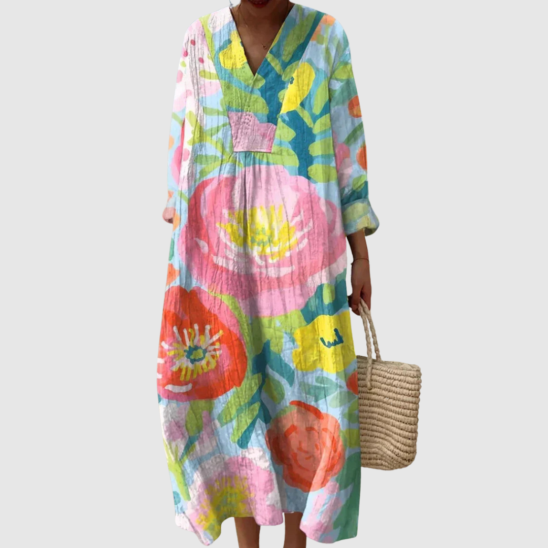 Elegantes Damen Blüten Midikleid mit Blumenprint und V-Ausschnitt, fließend und figurschmeichelnd für Sommer.