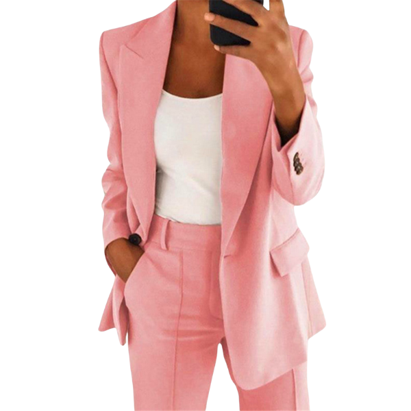 Vielseitiges rosa Damen Blazer & Hosen Set. Komfortabler Hosenanzug für Freizeit & elegante Anlässe.