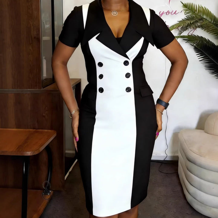 Elegantes Damen Bleistiftkleid mit V-Ausschnitt, Kurzarm und Kontrastknöpfen. Ideal für Business und festliche Anlässe.