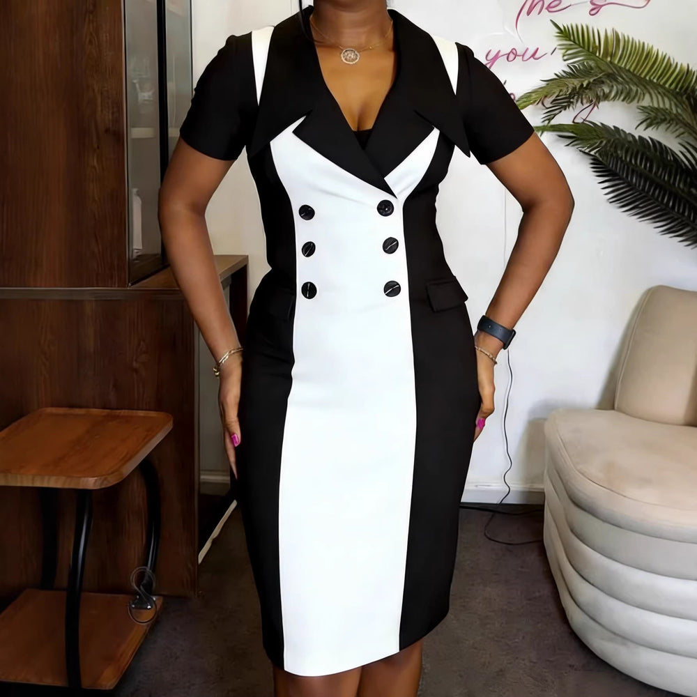 Schickes Business Bleistiftkleid für Damen. Tailliertes Kurzarmkleid mit V-Ausschnitt und edlen Kontrastdetails.
