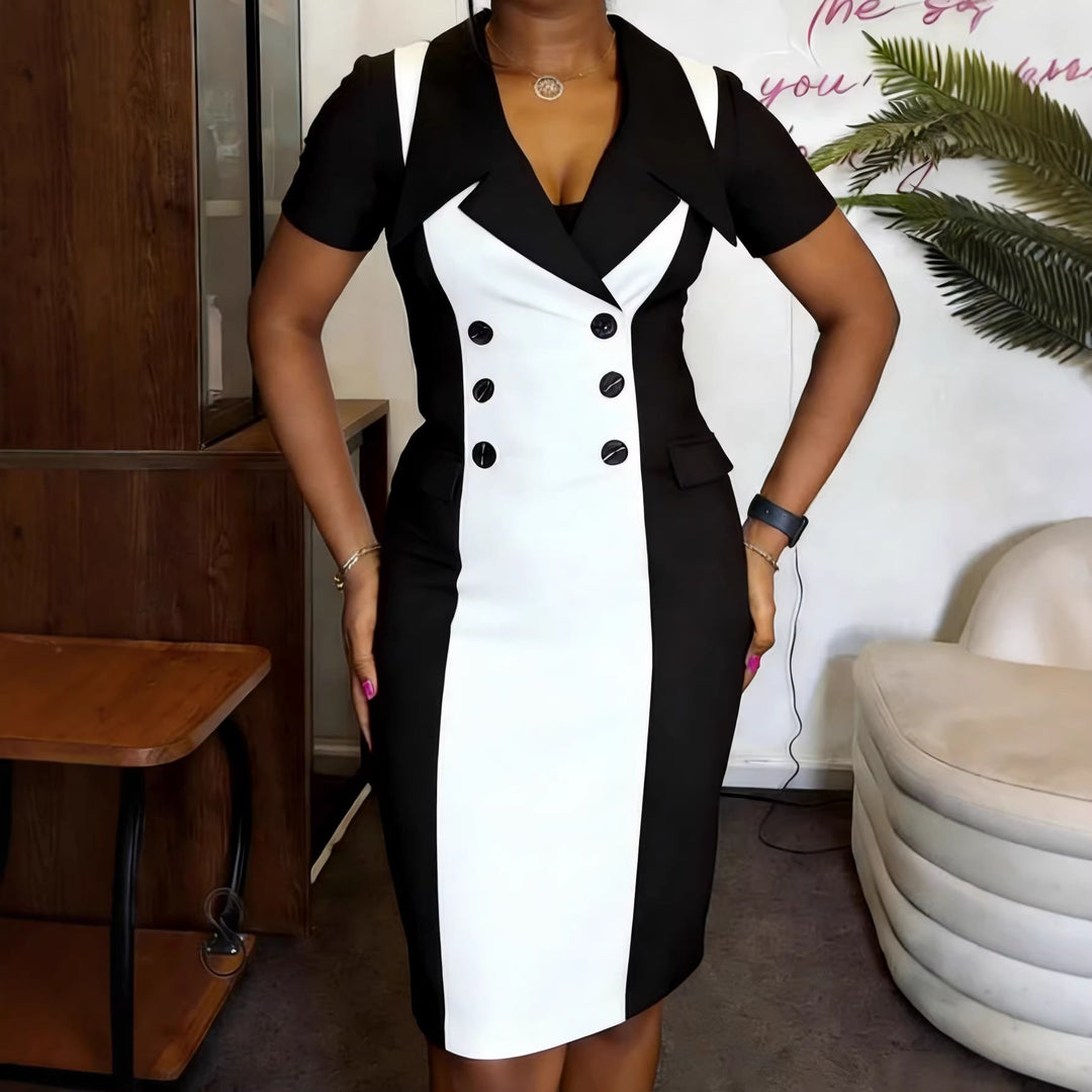 Damen Kurzarm Bleistiftkleid mit V-Ausschnitt und modischen Kontrastknöpfen. Vielseitig als Office- oder Abendkleid.