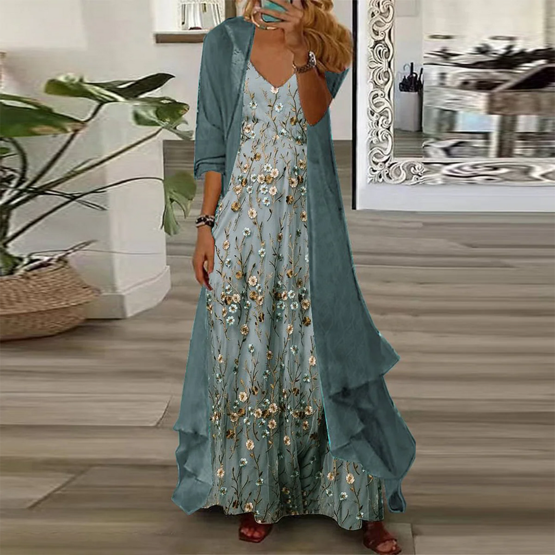 Elegantes Damen Blumen Maxi-Kleid Zweiteiler Set mit Cardigan. Perfekt für Sommer, Freizeit & Urlaub.
