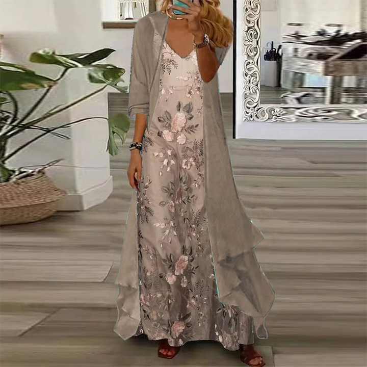 Boho Blumen Maxikleid Set für Damen, bestehend aus Kleid & Cardigan. Ideal als Sommer-, Freizeit- oder Abendkleid.
