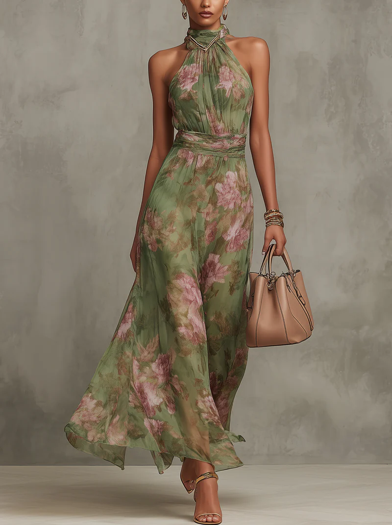 Elegantes Damen Blumen Maxikleid mit grünem Print, fließendem Stoff, ideal als Sommer- oder Partykleid.