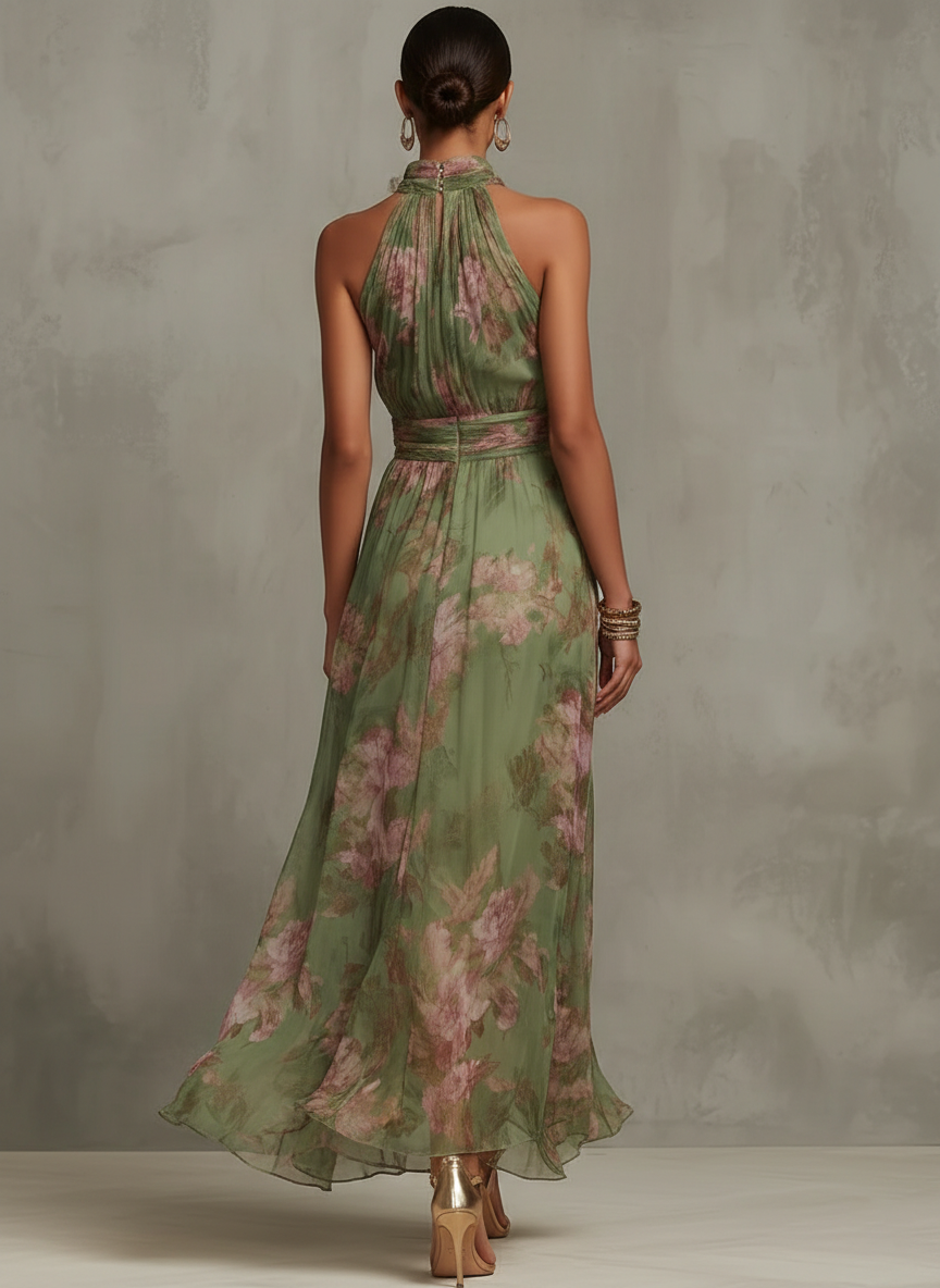 Fließendes Sommer-Blumenkleid für Damen mit Neckholder und lebhaftem grünem Floral-Print, perfekt für Freizeit.