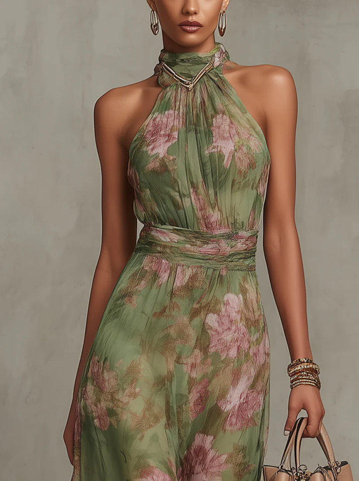 Schickes grünes Blumenkleid für Damen, langes Sommerkleid im Maxistil, elegant und bequem für warme Tage.
