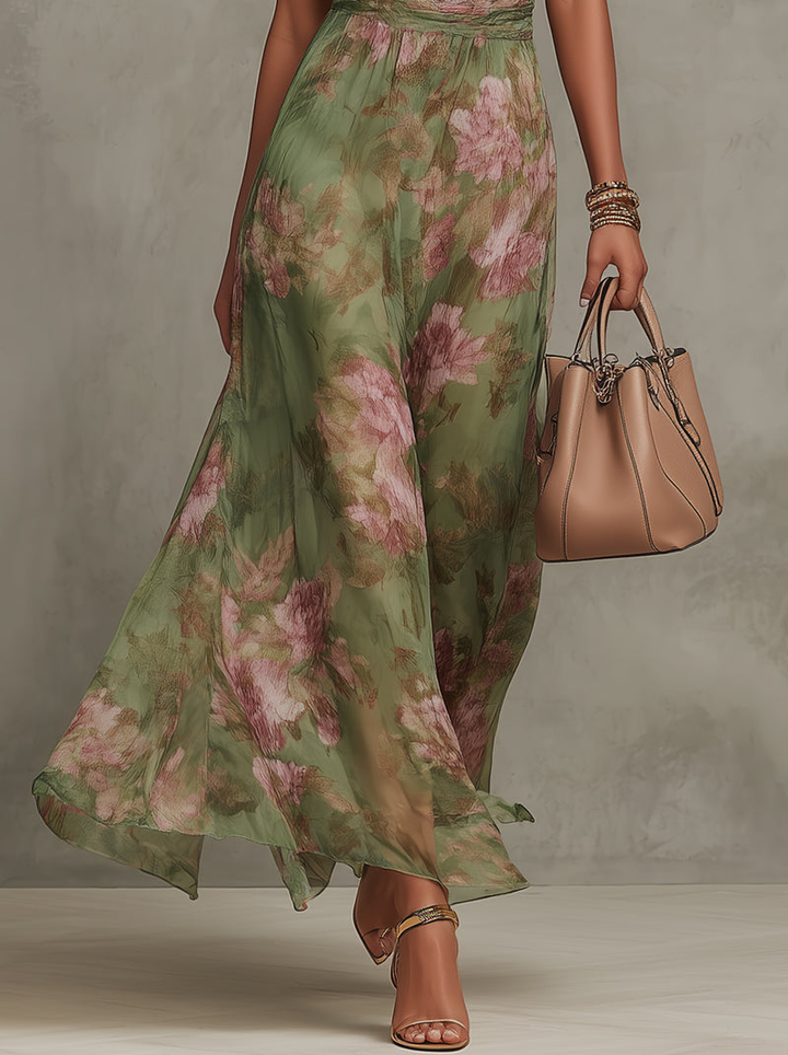 Damen Sommer Maxikleid, elegant, mit auffälligem grünen Blumen-Print, fließend und perfekt für festliche Anlässe.