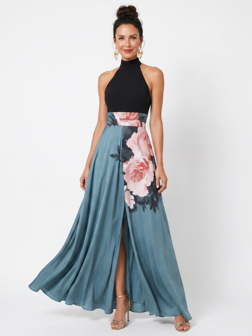 Elegantes Damen Blumen Maxikleid mit Halterneck, perfekt für festliche Anlässe und sommerliche Partys.
