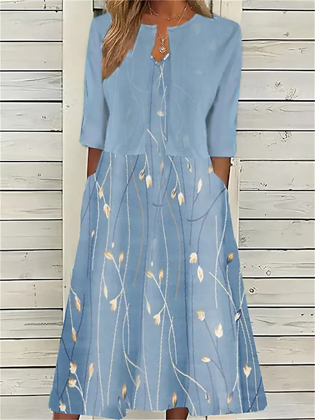 Elegantes Damen Blumen Zweiteiliges Midi-Kleid mit Rundhals und Halbärmeln, perfekt für Frühling & Sommer.