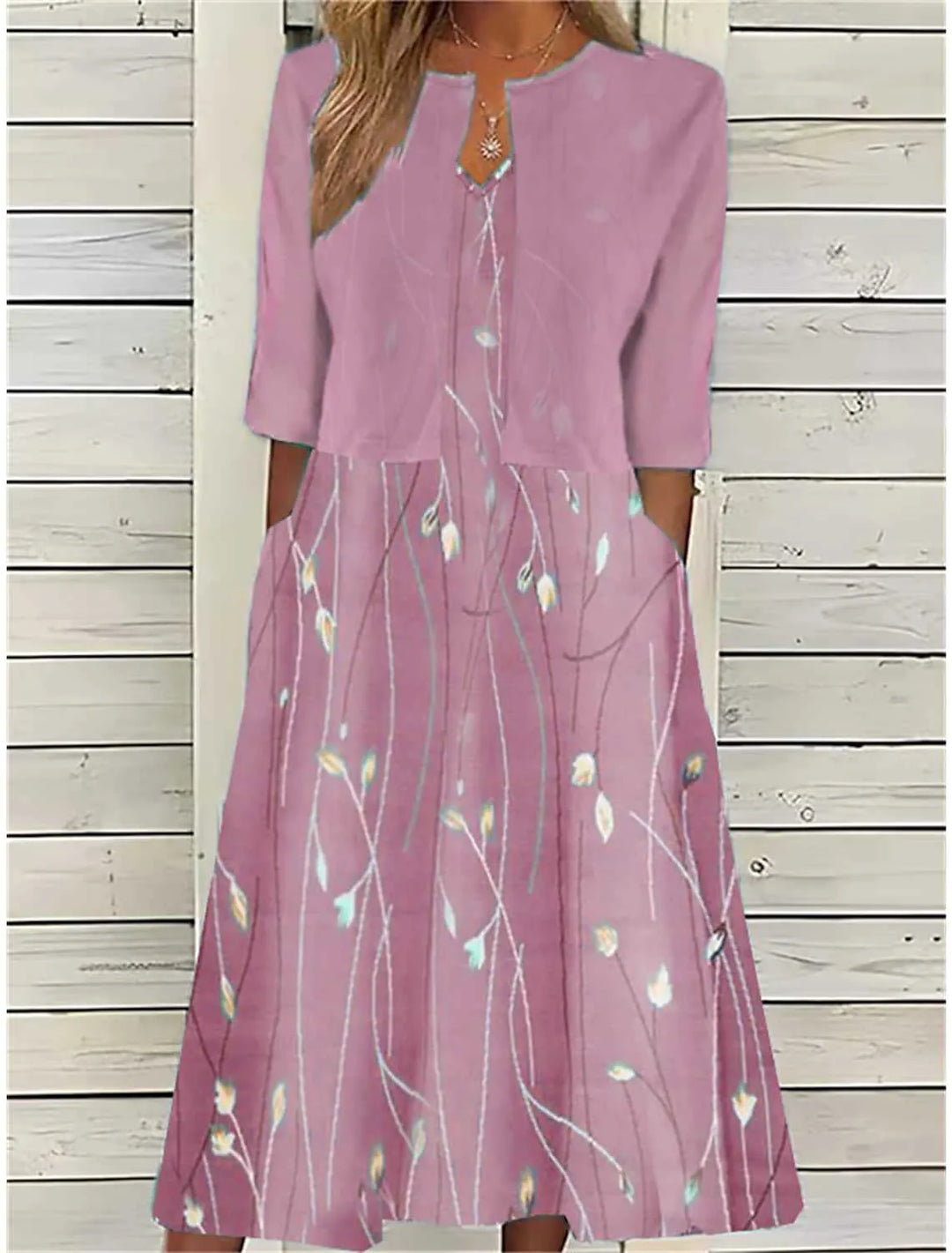 Bequemes Damen Blumen Zweiteiliges Midikleid. Vereinigt Eleganz und Komfort; auch als stilvolles Herbstkleid.