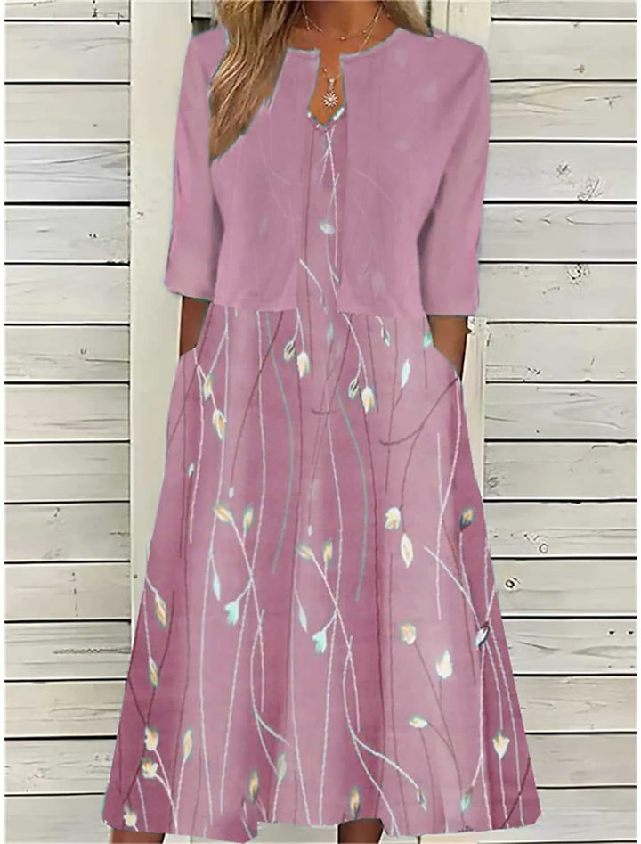 Bequemes Damen Blumen Zweiteiliges Midikleid. Vereinigt Eleganz und Komfort; auch als stilvolles Herbstkleid.