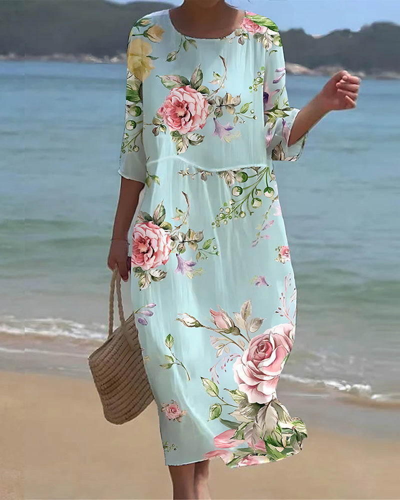 Knielanges Damen Sommerkleid mit floralem Muster und Kurzarm, schmeichelnder A-Linien-Schnitt für festliche Anlässe.