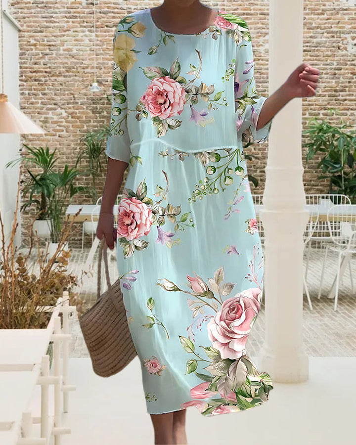 Stilvolles Damen Sommerkleid Miranda mit Blumenmuster. Kurzarm, A-Linie, knielang – dein perfektes Frühlingskleid.