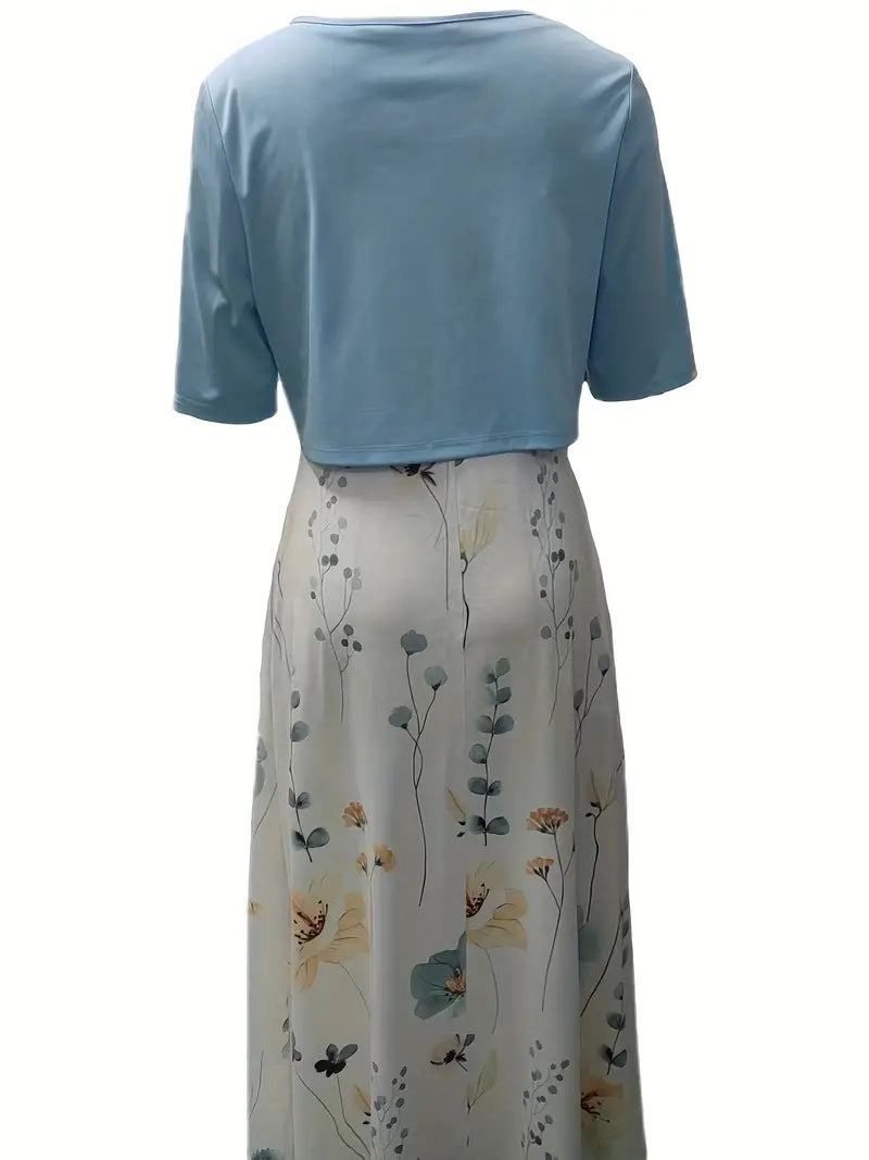 Elegantes Damen Blumenkleid Set: Crop-Top und geblümtes Maxikleid für Sommer & Freizeit.