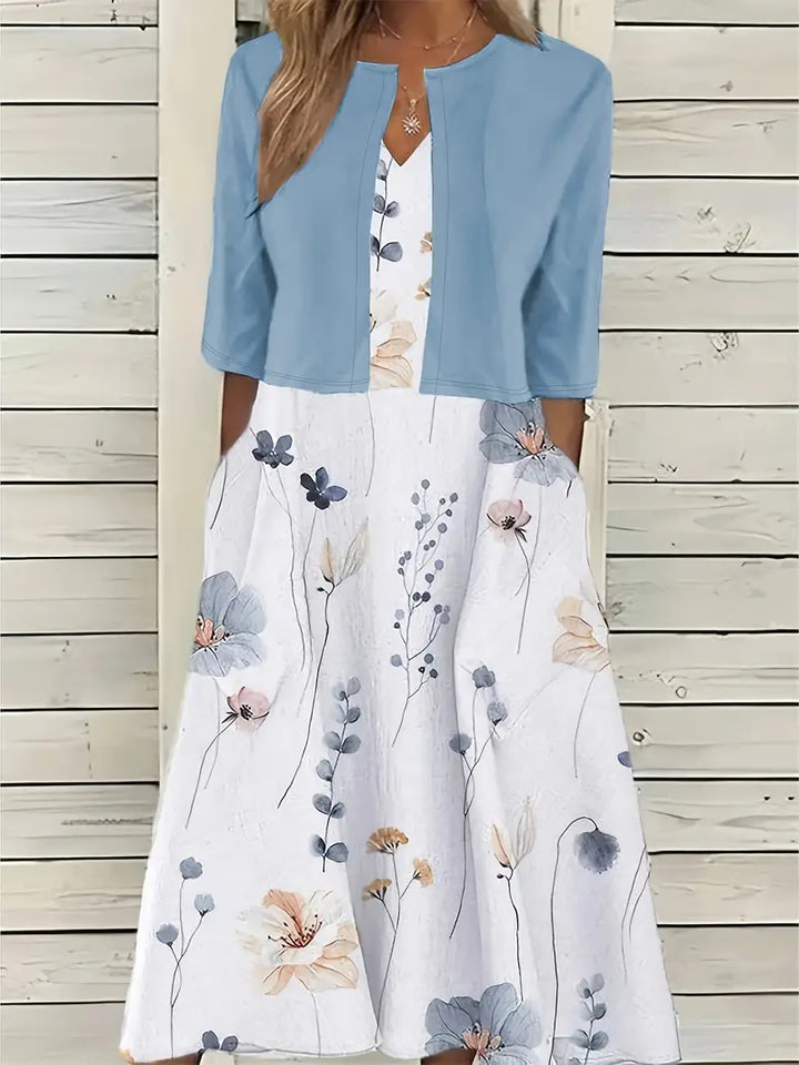 Vielseitiges Damen Outfit Set: Geblümtes Crop-Top und Rock, perfekt für casual & semi-formell.