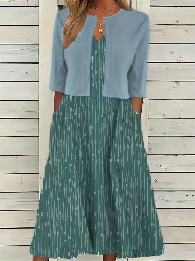 Stylisches Damen Blumenkleid Set, Zweiteiler mit Rundhalsausschnitt Crop-Top & gemustertem Rock.