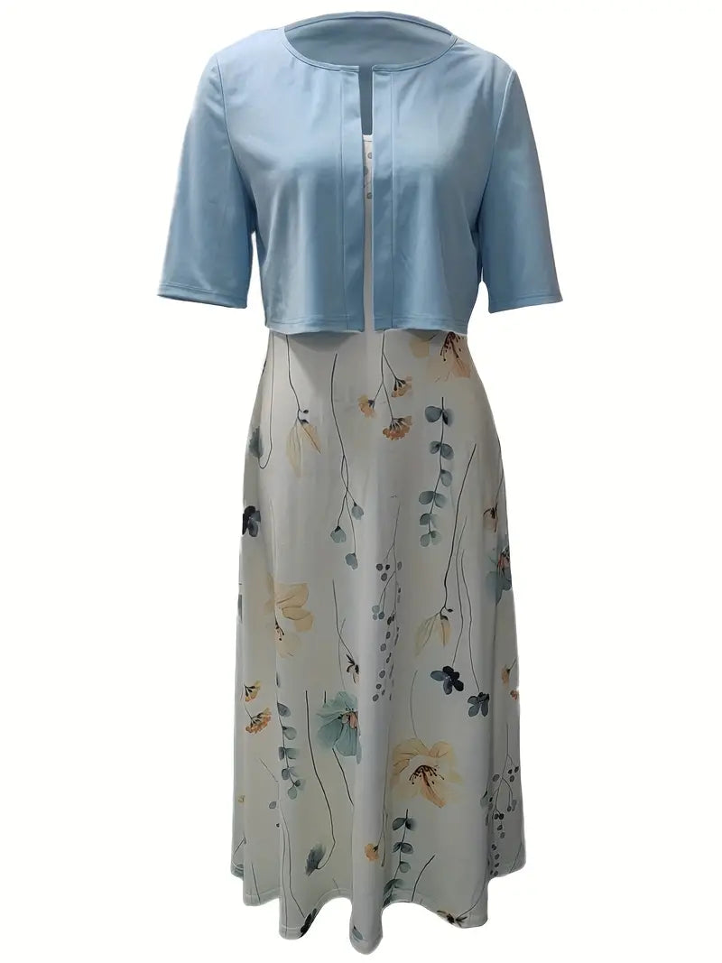 Modisches Zweiteiler Blumenkleid für Damen, bestehend aus floralem Crop-Top und Rock.
