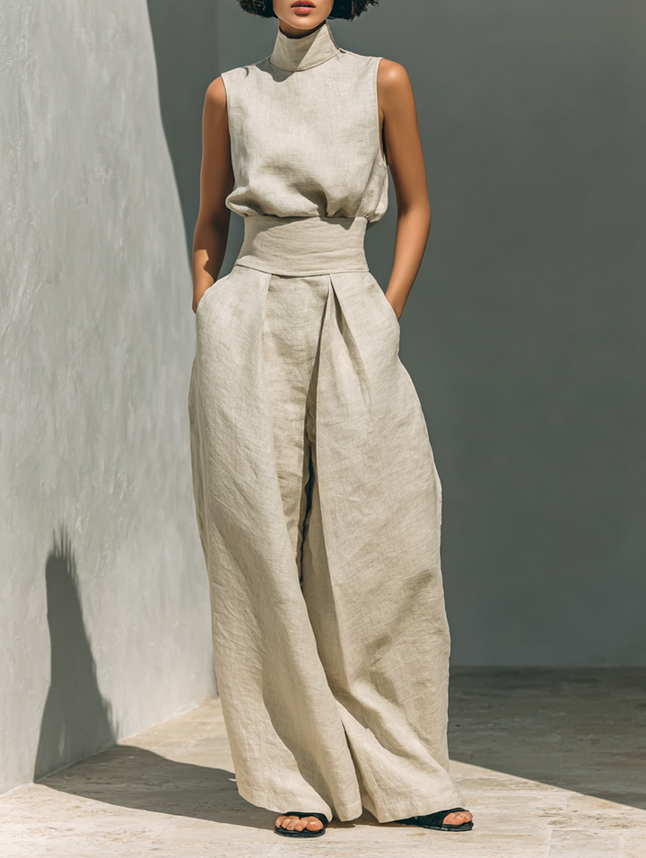 Elegantes Damen Blusen & Weite Hosen Set, ärmellos und komfortabel, minimalistisch für Frühling & Sommer.