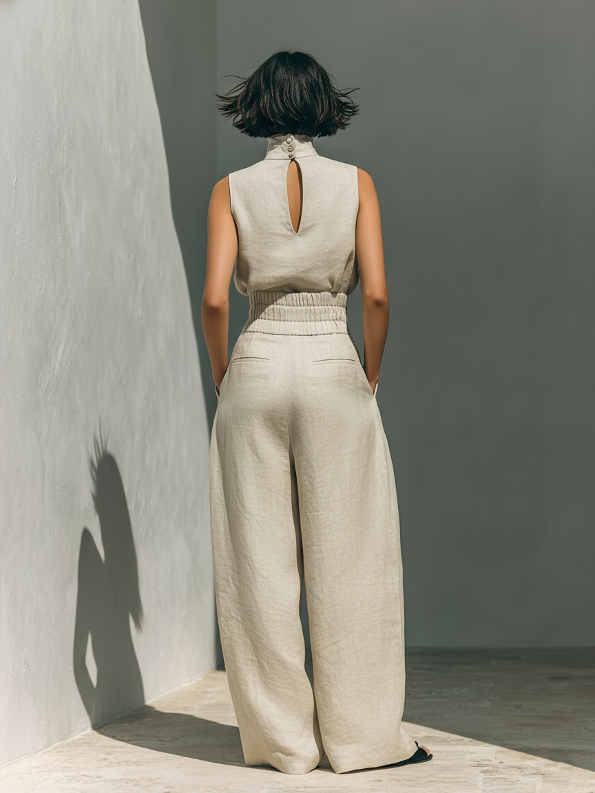 Stilvolles zweiteiliges Damen Set: ärmellose Bluse mit hohem Ausschnitt & bequeme weite Hosen, ideal für Sommer.
