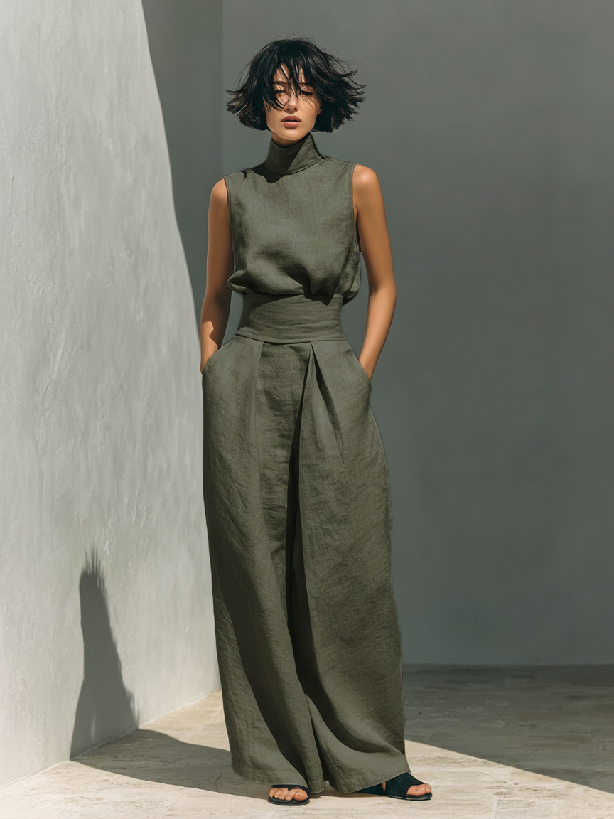 Komfortables Damen Set mit ärmelloser Bluse und eleganten weiten Hosen, einfarbig, perfekt für Freizeit & Alltag.